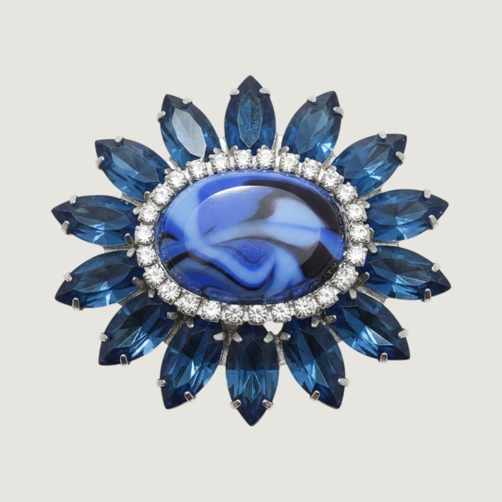 Vintage Cobalt Blue Marbled Glass Navette Rhinestone Brooch Silver Tone Pin 2inβ